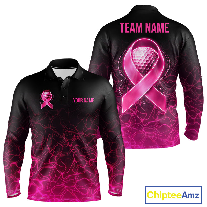 Pink Neon Ribbon Golf Ball Mens Golf Polo Shirt Custom Breast Cancer Awareness Golf Team, Golf Gift NYN4155