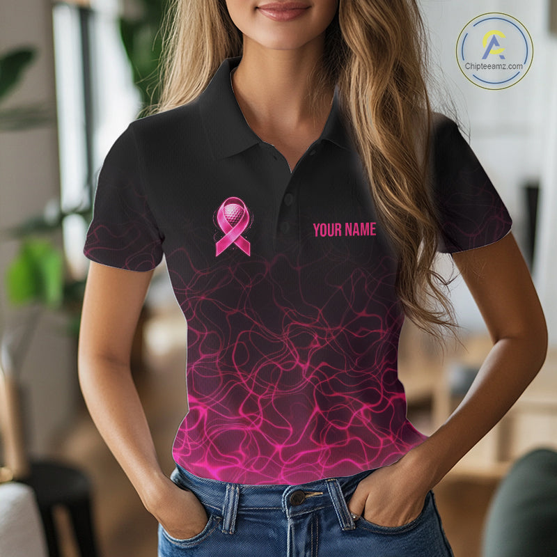 Pink Neon Ribbon Golf Ball Womens Golf Polo Shirt Custom Breast Cancer Awareness Golf Team, Golf Gift NYN4155