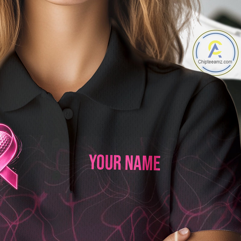 Pink Neon Ribbon Golf Ball Womens Golf Polo Shirt Custom Breast Cancer Awareness Golf Team, Golf Gift NYN4155