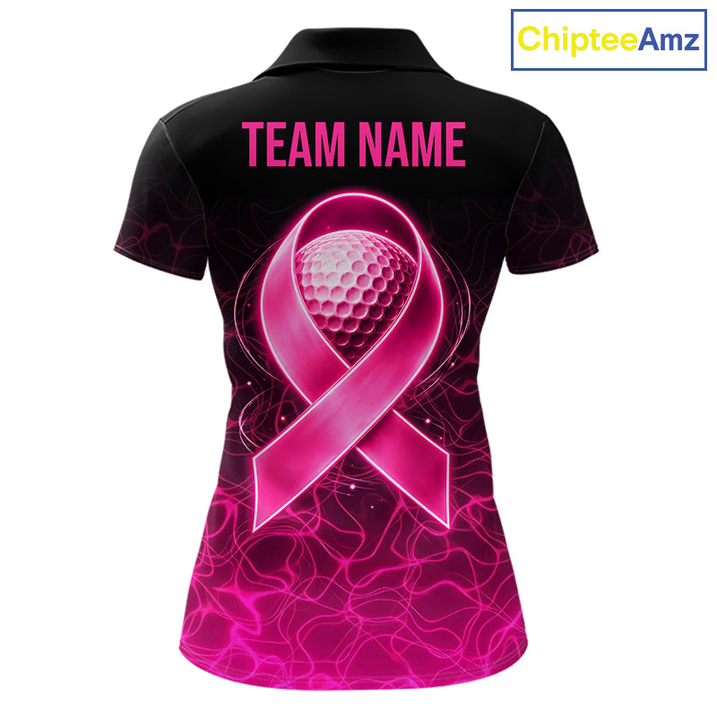 Pink Neon Ribbon Golf Ball Womens Golf Polo Shirt Custom Breast Cancer Awareness Golf Team, Golf Gift NYN4155