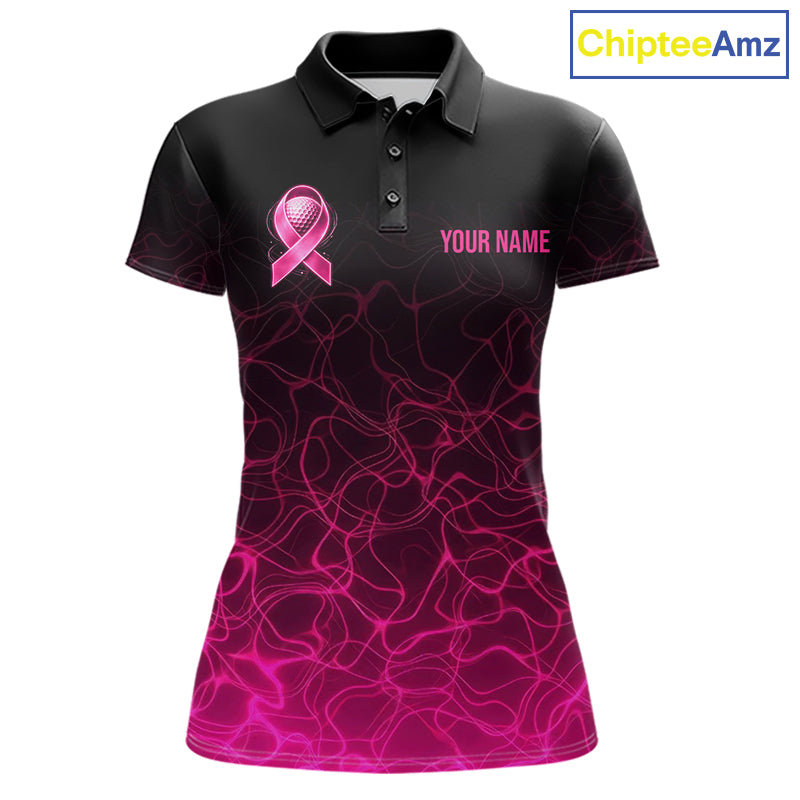 Pink Neon Ribbon Golf Ball Womens Golf Polo Shirt Custom Breast Cancer Awareness Golf Team, Golf Gift NYN4155