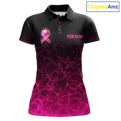 Pink Neon Ribbon Golf Ball Womens Golf Polo Shirt Custom Breast Cancer Awareness Golf Team, Golf Gift NYN4155