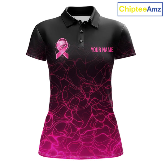 Pink Neon Ribbon Golf Ball Womens Golf Polo Shirt Custom Breast Cancer Awareness Golf Team, Golf Gift NYN4155