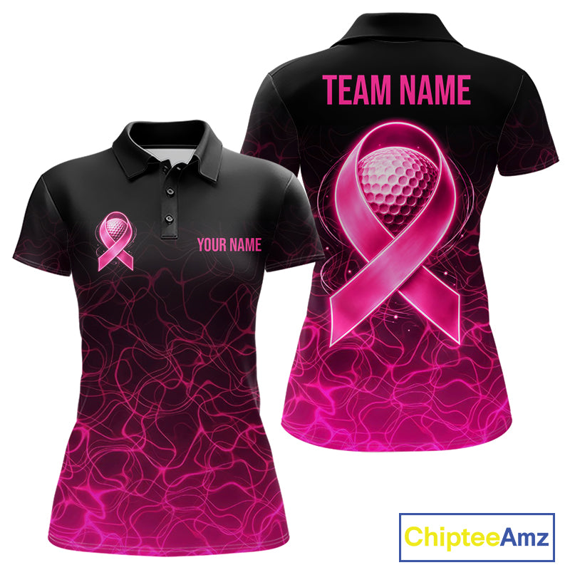 Pink Neon Ribbon Golf Ball Womens Golf Polo Shirt Custom Breast Cancer Awareness Golf Team, Golf Gift NYN4155