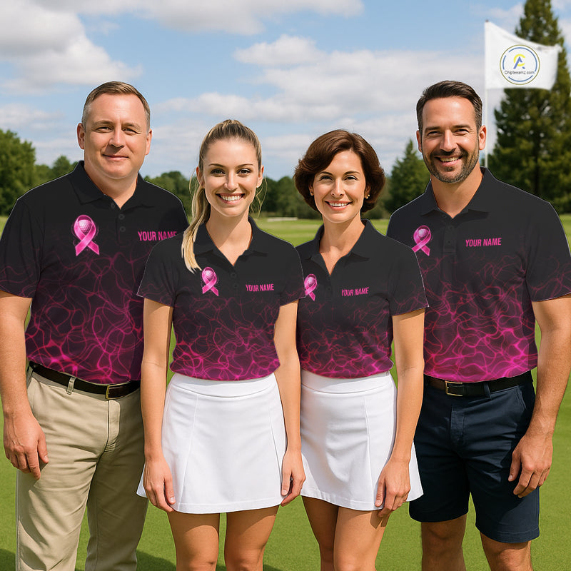 Pink Neon Ribbon Golf Ball Mens Golf Polo Shirt Custom Breast Cancer Awareness Golf Team, Golf Gift NYN4155