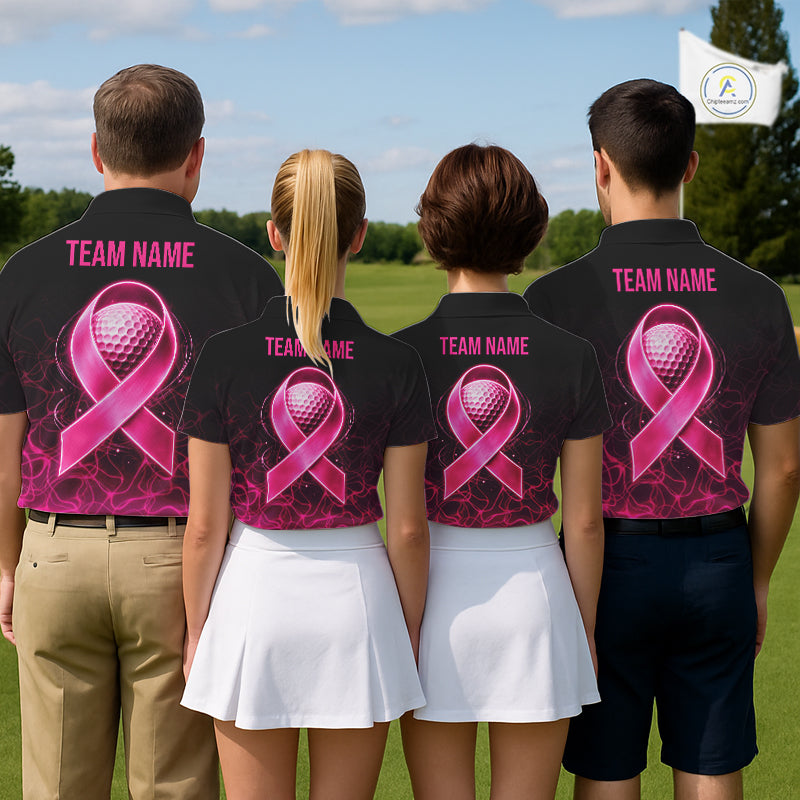 Pink Neon Ribbon Golf Ball Mens Golf Polo Shirt Custom Breast Cancer Awareness Golf Team, Golf Gift NYN4155