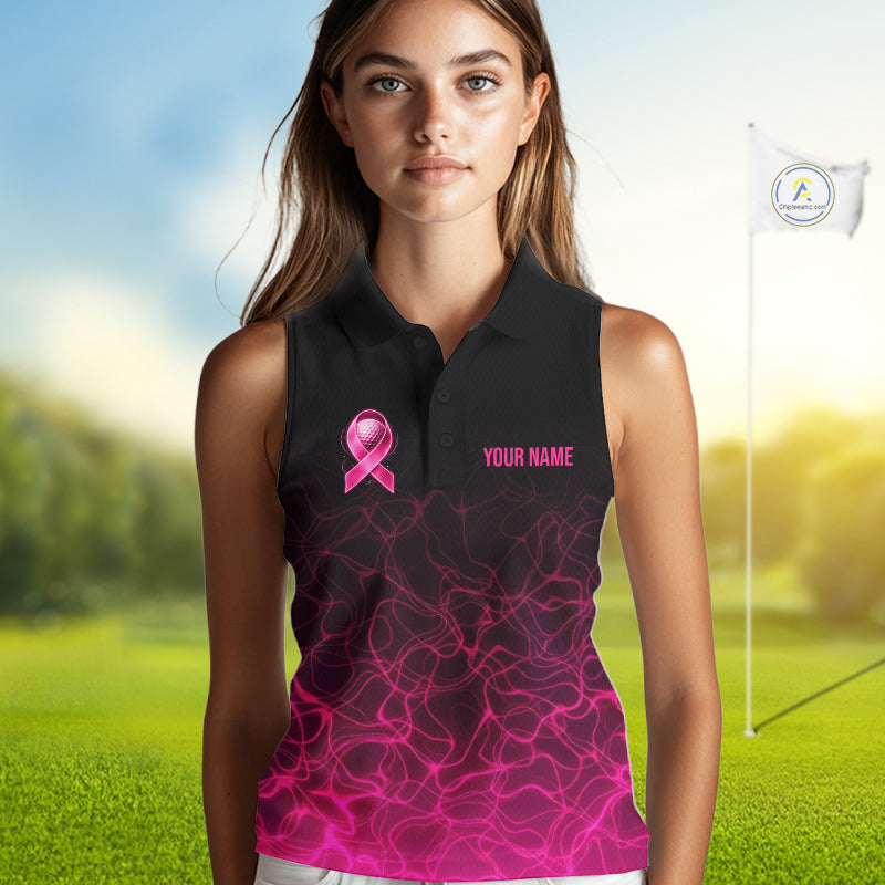 Pink Neon Ribbon Golf Ball Womens Golf Sleeveless Polo Shirt Custom Breast Cancer Awareness Golf Team, Golf Gift NYN4155