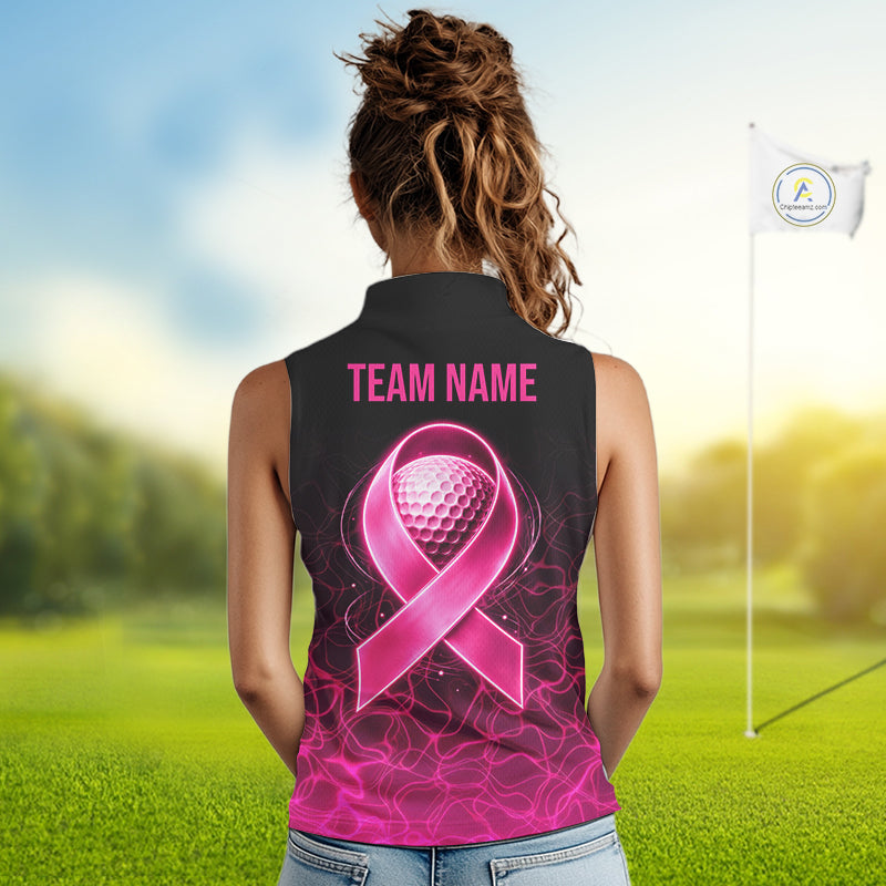 Pink Neon Ribbon Golf Ball Womens Golf Sleeveless Polo Shirt Custom Breast Cancer Awareness Golf Team, Golf Gift NYN4155