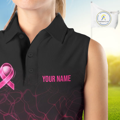 Pink Neon Ribbon Golf Ball Womens Golf Sleeveless Polo Shirt Custom Breast Cancer Awareness Golf Team, Golf Gift NYN4155