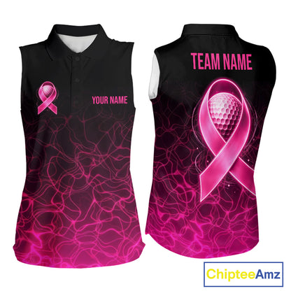 Pink Neon Ribbon Golf Ball Womens Golf Sleeveless Polo Shirt Custom Breast Cancer Awareness Golf Team, Golf Gift NYN4155