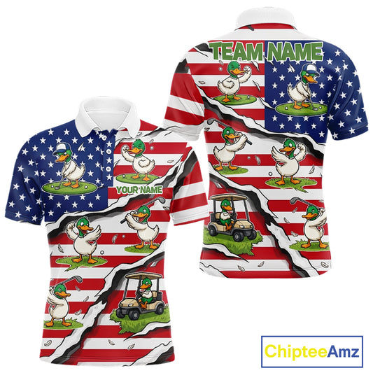 Personalized Funny Duck American Flag Mens Golf Polo Shirt Vintage Patriot Golf Team Tournament NYN4159