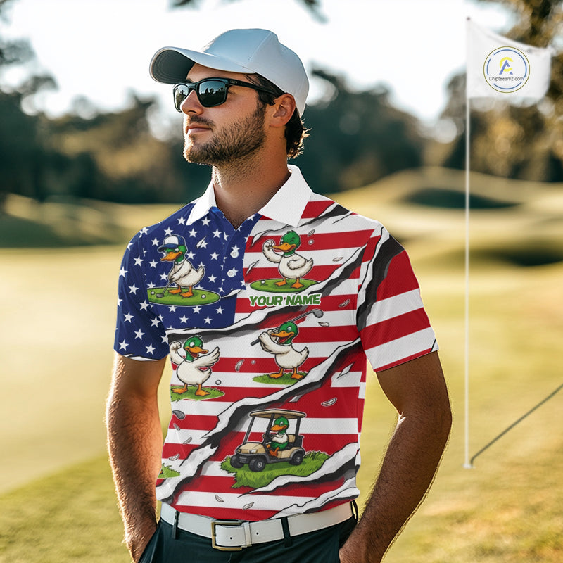 Personalized Funny Duck American Flag Mens Golf Polo Shirt Vintage Patriot Golf Team Tournament NYN4159