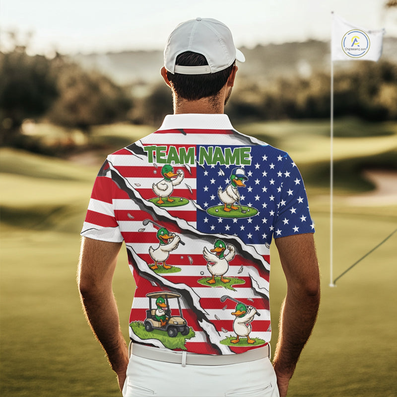 Personalized Funny Duck American Flag Mens Golf Polo Shirt Vintage Patriot Golf Team Tournament NYN4159
