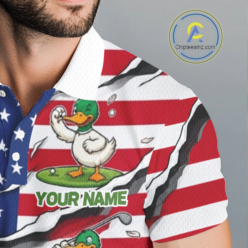 Personalized Funny Duck American Flag Mens Golf Polo Shirt Vintage Patriot Golf Team Tournament NYN4159