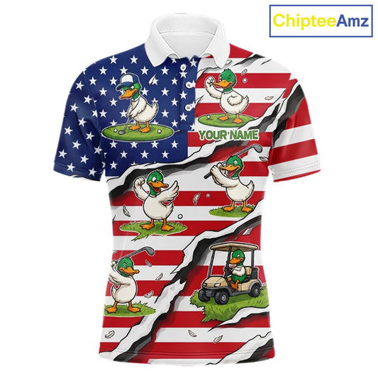 Personalized Funny Duck American Flag Mens Golf Polo Shirt Vintage Patriot Golf Team Tournament NYN4159