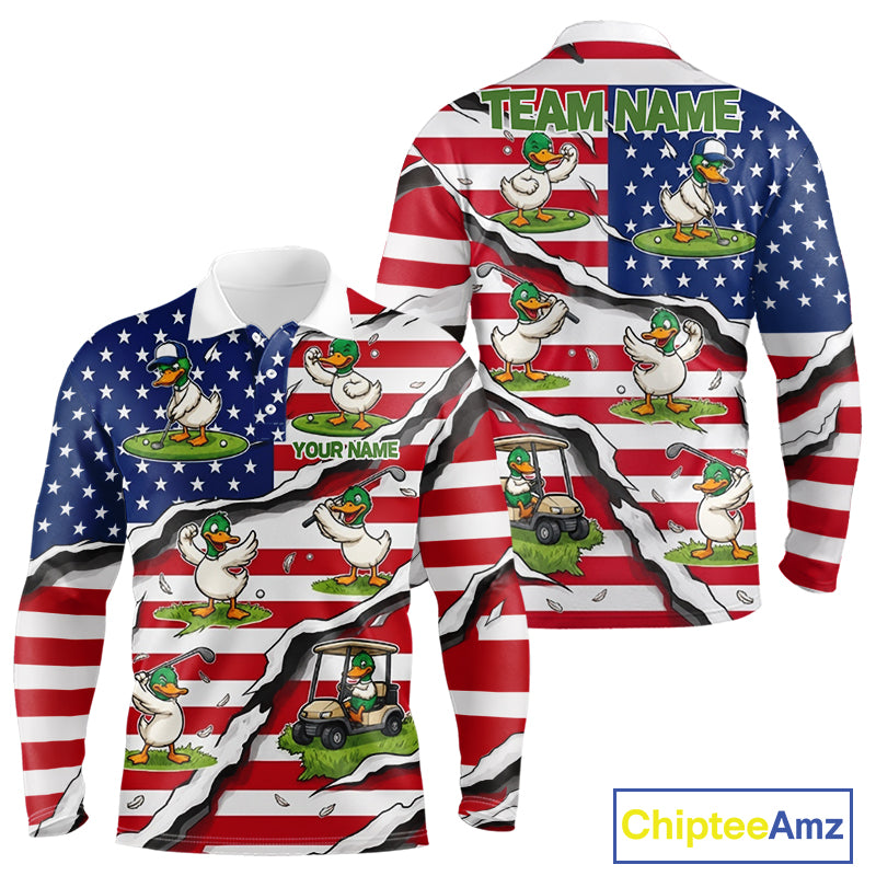 Personalized Funny Duck American Flag Mens Golf Polo Shirt Vintage Patriot Golf Team Tournament NYN4159