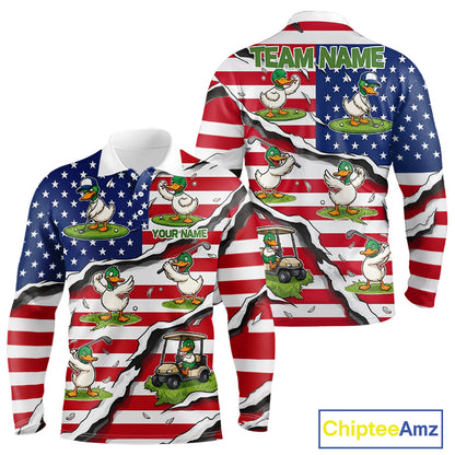 Personalized Funny Duck American Flag Mens Golf Polo Shirt Vintage Patriot Golf Team Tournament NYN4159
