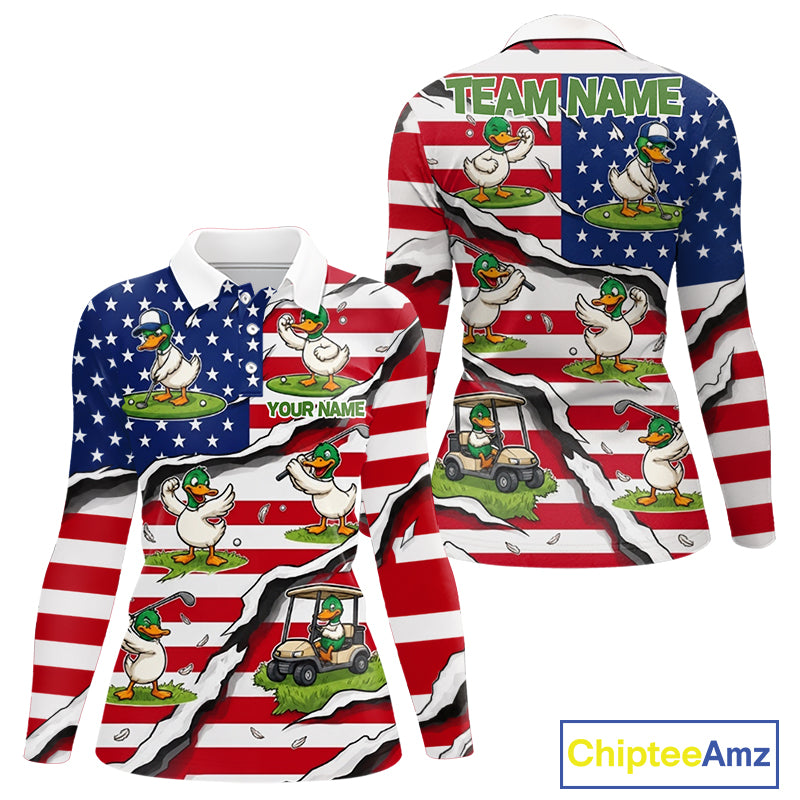 Personalized Funny Duck American Flag Womens Golf Polo Shirt Vintage Patriot Golf Team Tournament NYN4159