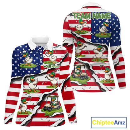 Personalized Funny Duck American Flag Womens Golf Polo Shirt Vintage Patriot Golf Team Tournament NYN4159
