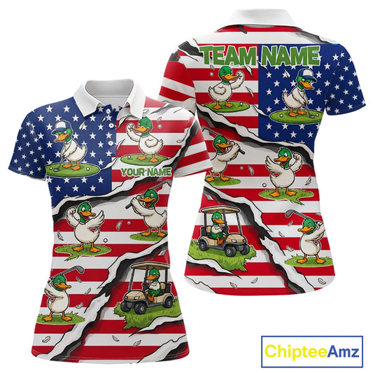 Personalized Funny Duck American Flag Womens Golf Polo Shirt Vintage Patriot Golf Team Tournament NYN4159