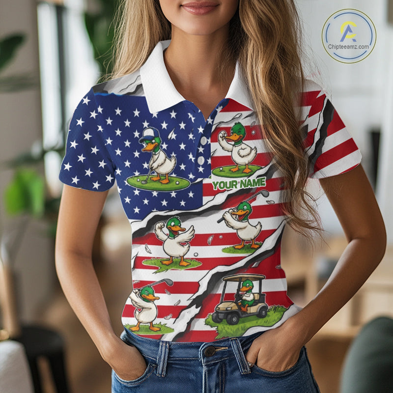 Personalized Funny Duck American Flag Womens Golf Polo Shirt Vintage Patriot Golf Team Tournament NYN4159