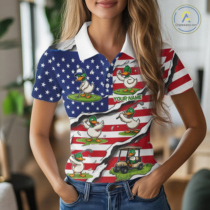 Personalized Funny Duck American Flag Womens Golf Polo Shirt Vintage Patriot Golf Team Tournament NYN4159