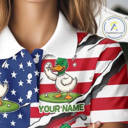Personalized Funny Duck American Flag Womens Golf Polo Shirt Vintage Patriot Golf Team Tournament NYN4159