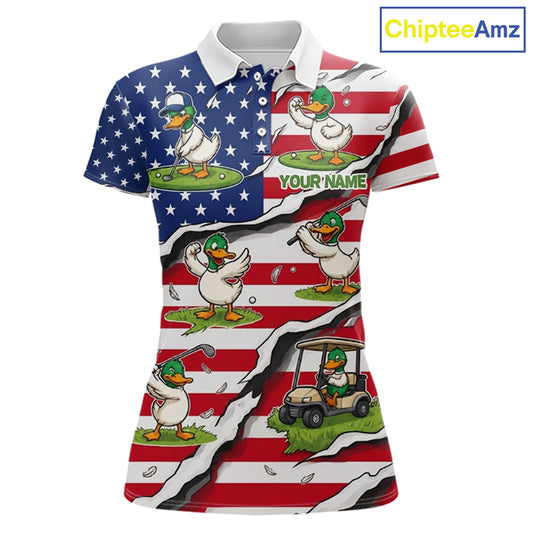 Personalized Funny Duck American Flag Womens Golf Polo Shirt Vintage Patriot Golf Team Tournament NYN4159