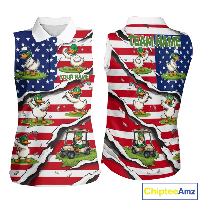 Personalized Funny Duck American Flag Womens Golf Sleeveless Polo Shirt Vintage Patriot Golf Team Tournament NYN4159