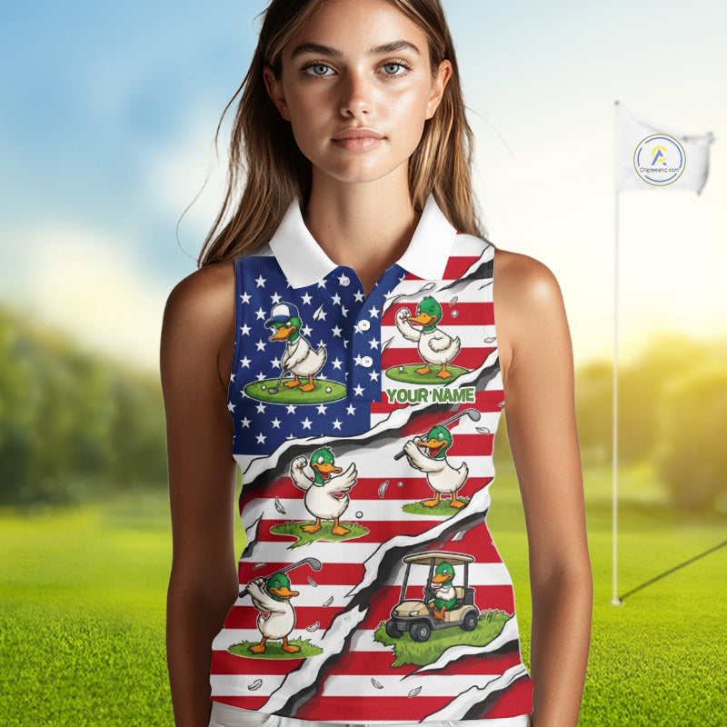 Personalized Funny Duck American Flag Womens Golf Sleeveless Polo Shirt Vintage Patriot Golf Team Tournament NYN4159