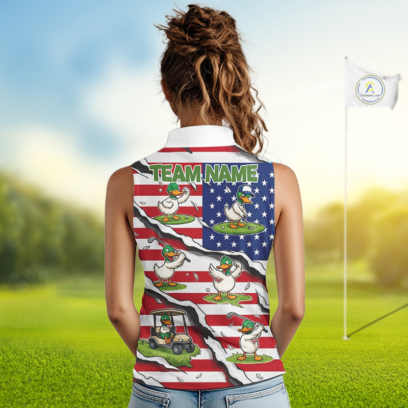 Personalized Funny Duck American Flag Womens Golf Sleeveless Polo Shirt Vintage Patriot Golf Team Tournament NYN4159