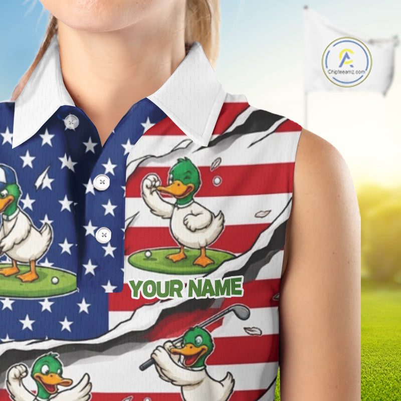 Personalized Funny Duck American Flag Womens Golf Sleeveless Polo Shirt Vintage Patriot Golf Team Tournament NYN4159