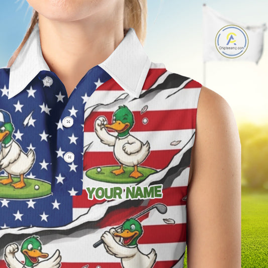 Personalized Funny Duck American Flag Womens Golf Sleeveless Polo Shirt Vintage Patriot Golf Team Tournament NYN4159