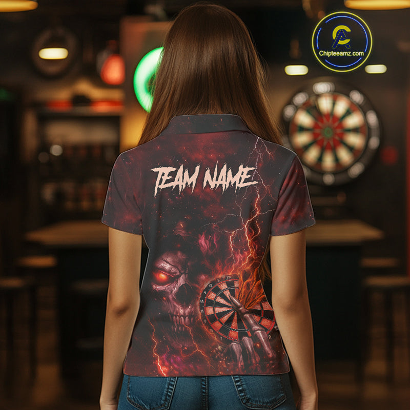 Custom Lightning Red Grim Reaper Flaming Dart Polo Shirt For Women Dart Tournament Jersey NYN1480