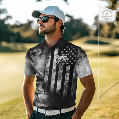 Skull Golf Polo Shirt For Men Personalized US Flag Golf Jersey Patriotic Smoke Skull Golf Apparel NYN4568