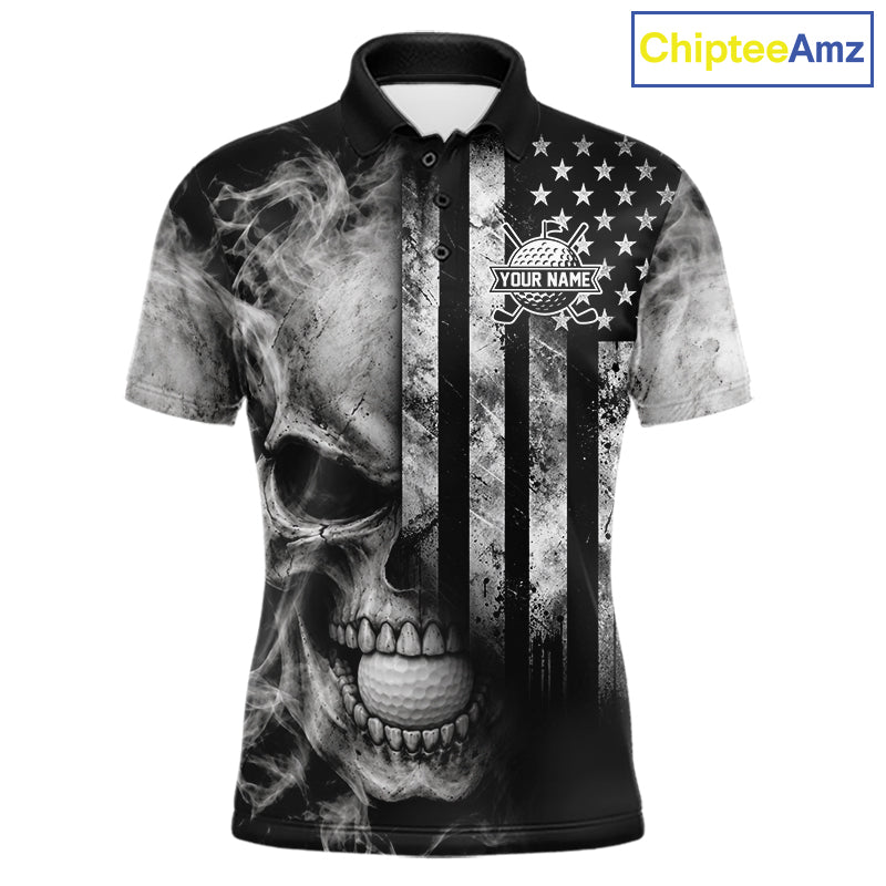 Skull Golf Polo Shirt For Men Personalized US Flag Golf Jersey Patriotic Smoke Skull Golf Apparel NYN4568