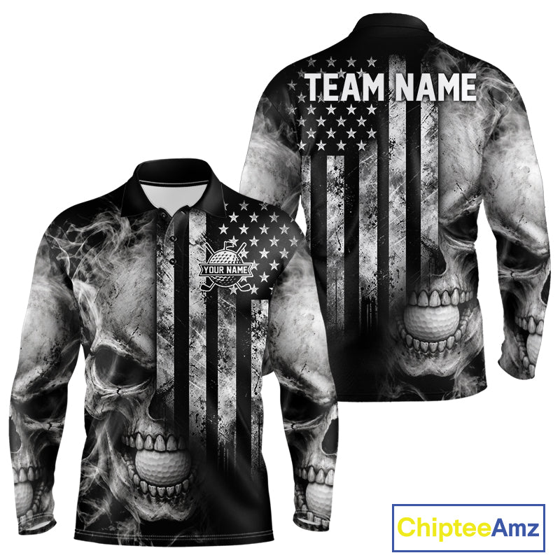 Skull Golf Polo Shirt For Men Personalized US Flag Golf Jersey Patriotic Smoke Skull Golf Apparel NYN4568