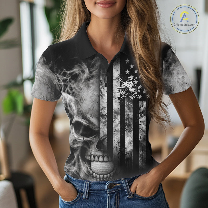 Skull Golf Polo Shirt For Women Personalized US Flag Golf Jersey Patriotic Smoke Skull Golf Apparel NYN4568