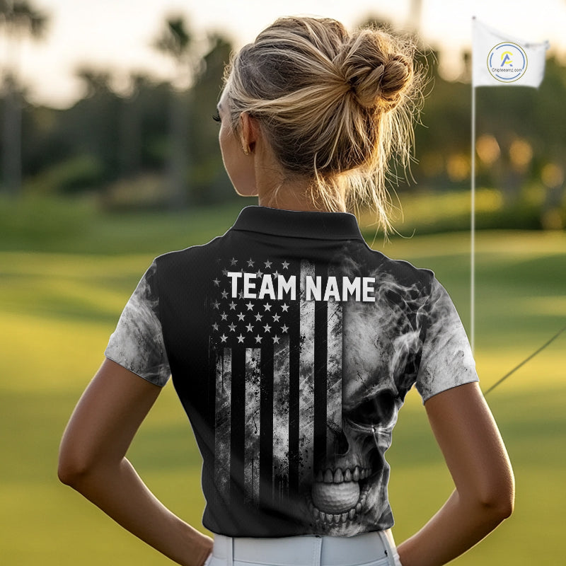 Skull Golf Polo Shirt For Women Personalized US Flag Golf Jersey Patriotic Smoke Skull Golf Apparel NYN4568