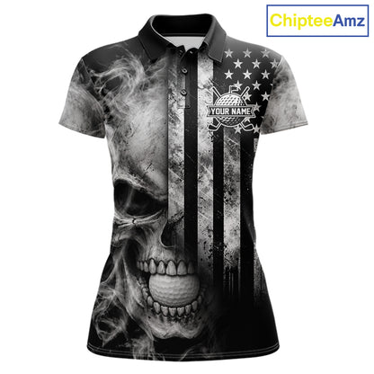 Skull Golf Polo Shirt For Women Personalized US Flag Golf Jersey Patriotic Smoke Skull Golf Apparel NYN4568