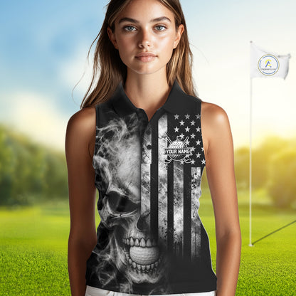 Skull Golf Sleeveless Polo Shirt For Women Personalized US Flag Golf Jersey Patriotic Smoke Skull Golf Apparel NYN4568