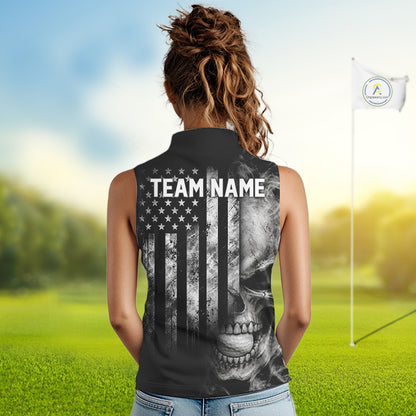 Skull Golf Sleeveless Polo Shirt For Women Personalized US Flag Golf Jersey Patriotic Smoke Skull Golf Apparel NYN4568