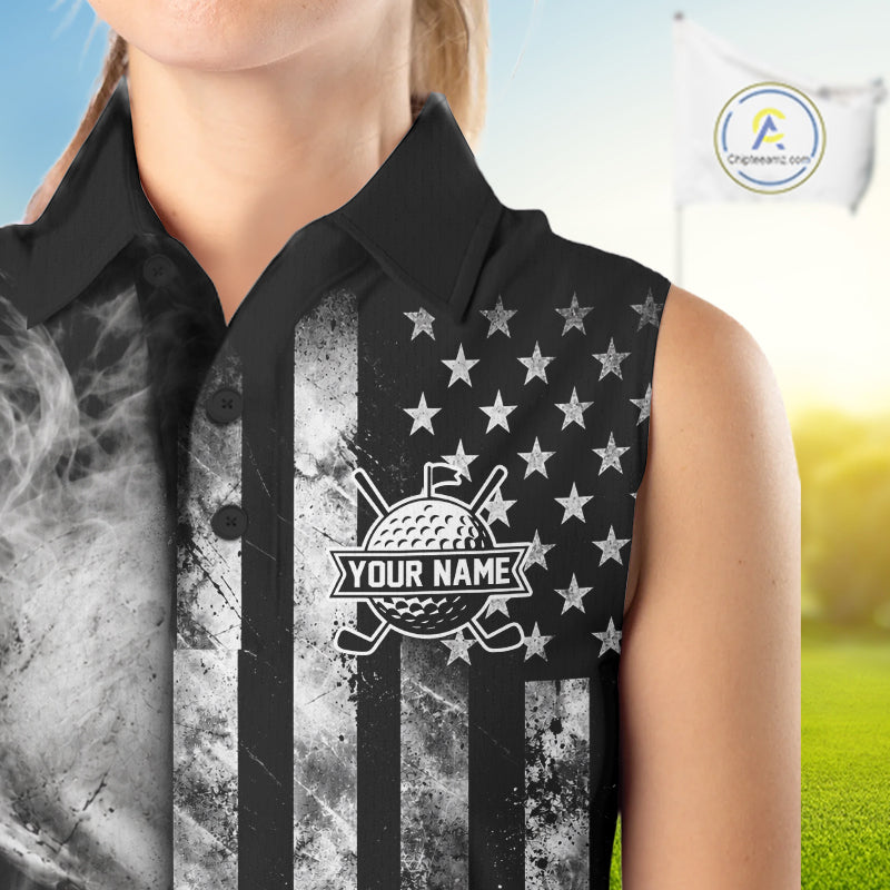 Skull Golf Sleeveless Polo Shirt For Women Personalized US Flag Golf Jersey Patriotic Smoke Skull Golf Apparel NYN4568