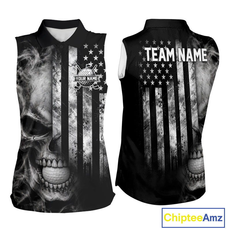 Skull Golf Sleeveless Polo Shirt For Women Personalized US Flag Golf Jersey Patriotic Smoke Skull Golf Apparel NYN4568