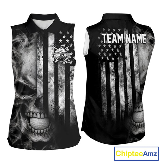 Skull Golf Sleeveless Polo Shirt For Women Personalized US Flag Golf Jersey Patriotic Smoke Skull Golf Apparel NYN4568