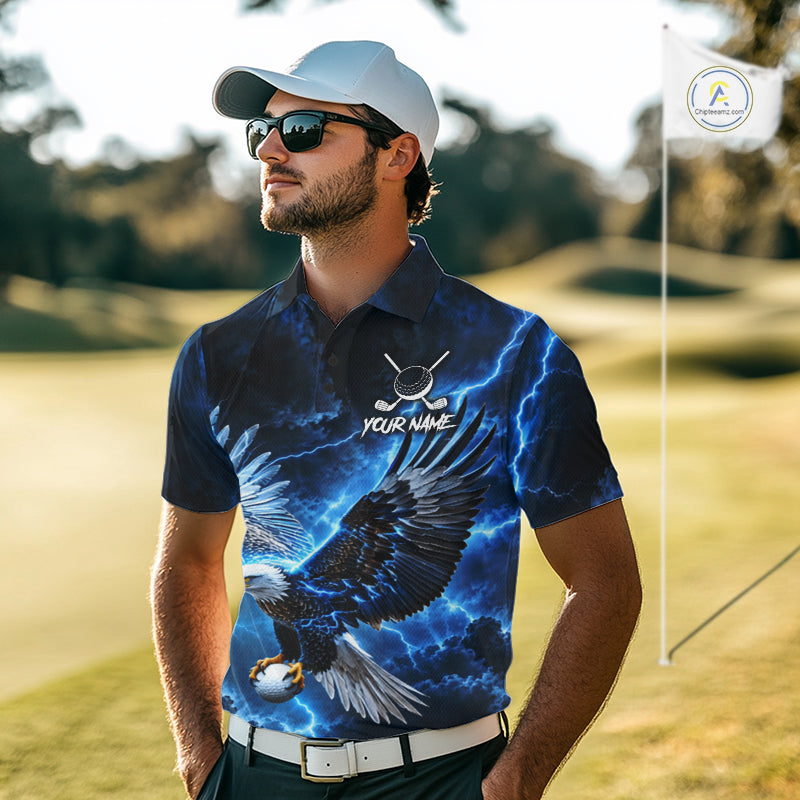 Blue Lightning Flying Eagle Golf Shirt For Men Custom Team Golf Polo Thunder Golf Apparel NYN4570