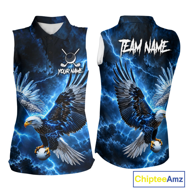 Blue Lightning Flying Eagle Golf Shirt For Women Custom Team Golf Sleeveless Polo Thunder Golf Apparel NYN4570