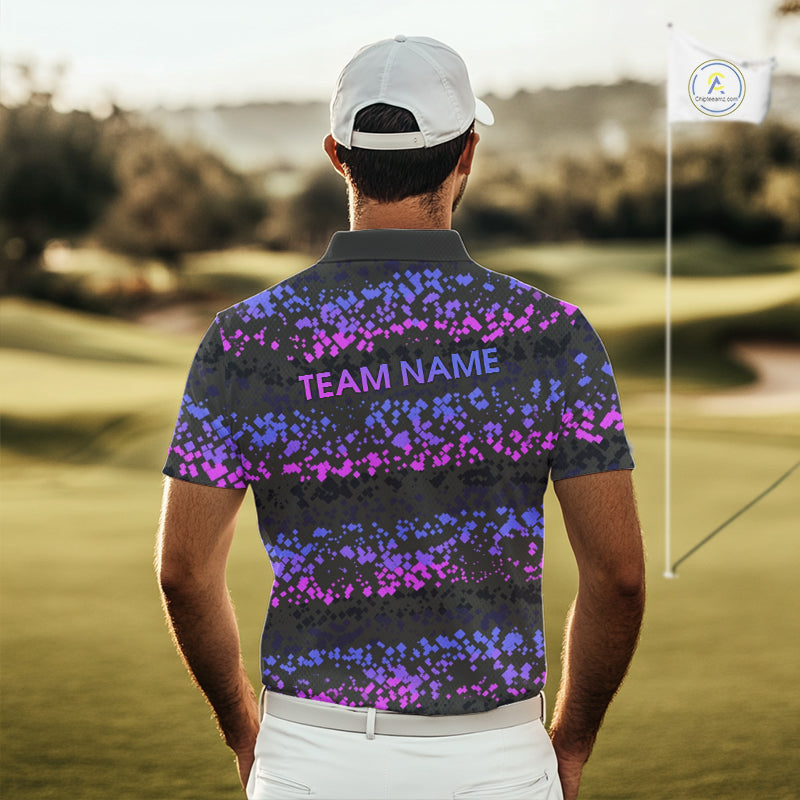 Personalized Purple Pink Pixel Men's Golf Polo Shirt Custom Name Camo Golf Apparel NYN4571