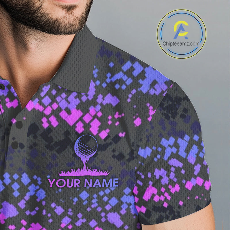 Personalized Purple Pink Pixel Men's Golf Polo Shirt Custom Name Camo Golf Apparel NYN4571