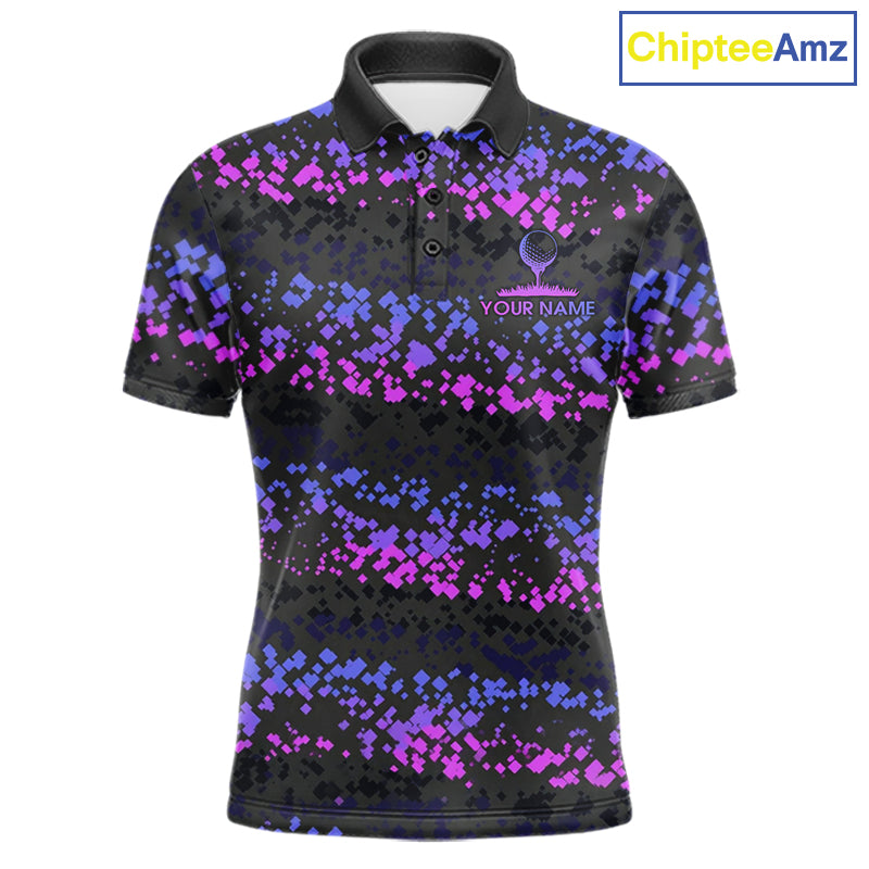 Personalized Purple Pink Pixel Men's Golf Polo Shirt Custom Name Camo Golf Apparel NYN4571